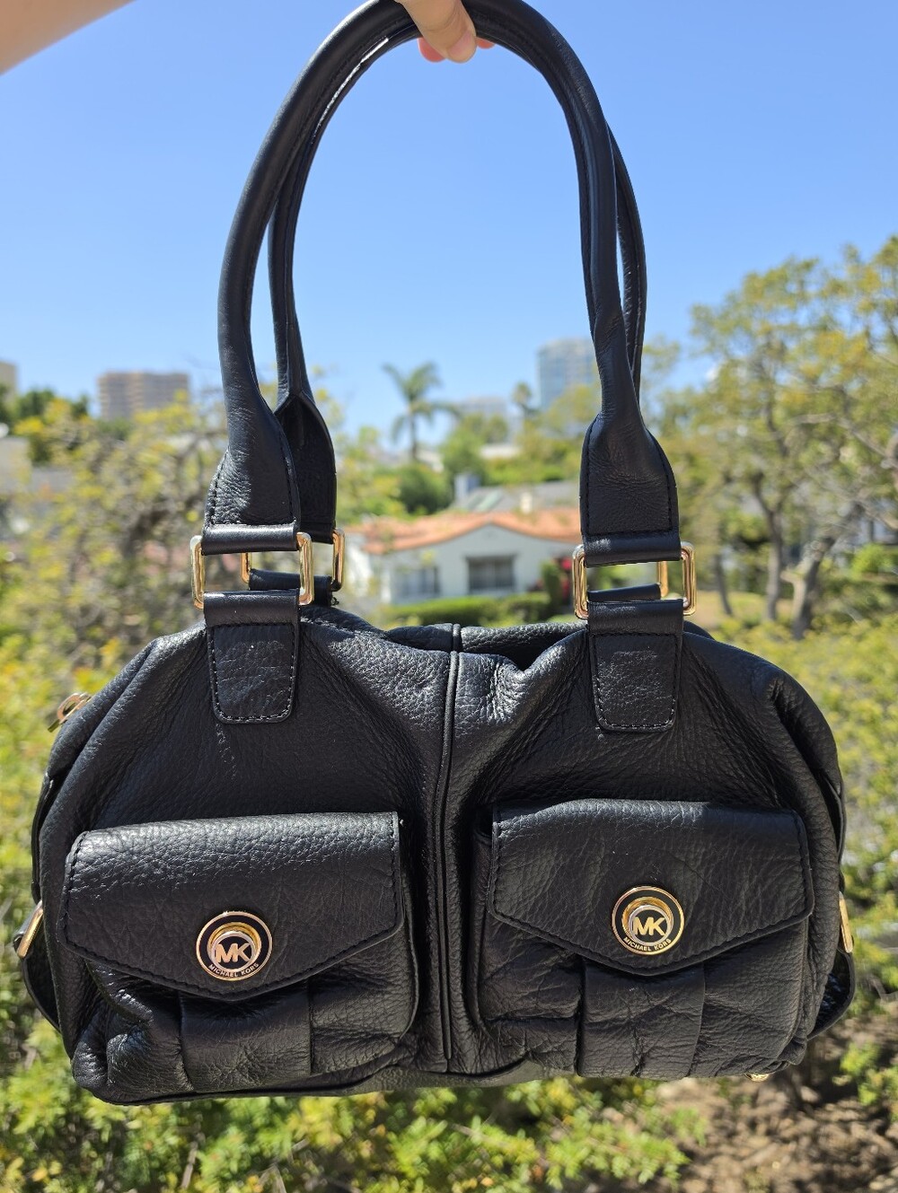 Michael Kors Vintage Black Leather Satchel Bag W/ Dual Front Pockets